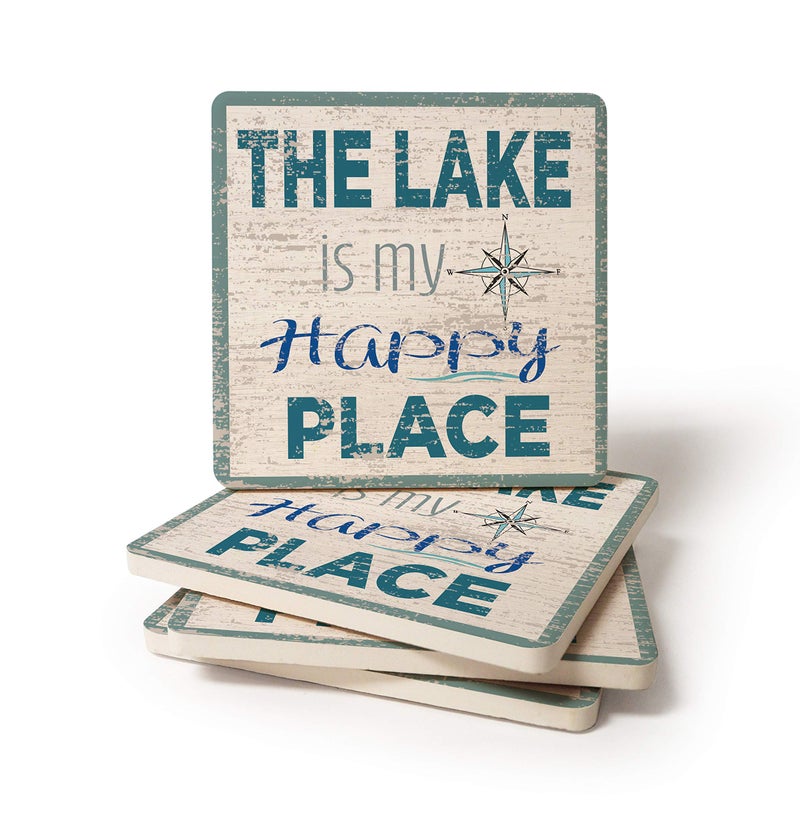كوستر ستون بحيرة Coasterstone هي مجموعة Happy Place Stone Coaster 4.25 بوصة من أربعة - Image 1
