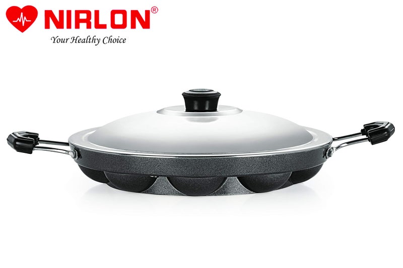 Nirlon Non-Stick Aliminium Appam Patra,paniyarakal 12 Cavity with 2 Side Handle and Stainless Steel lid - Image 4
