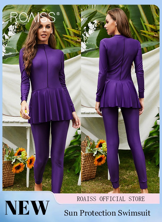 roaiss 3 Piece Women Conservative Colorblock Swimsuit Set Muslim Sun Protection Swimwear Swimming Trousers Cap Ladies Loose Beachwear Dress Arab Clothing - Image 1