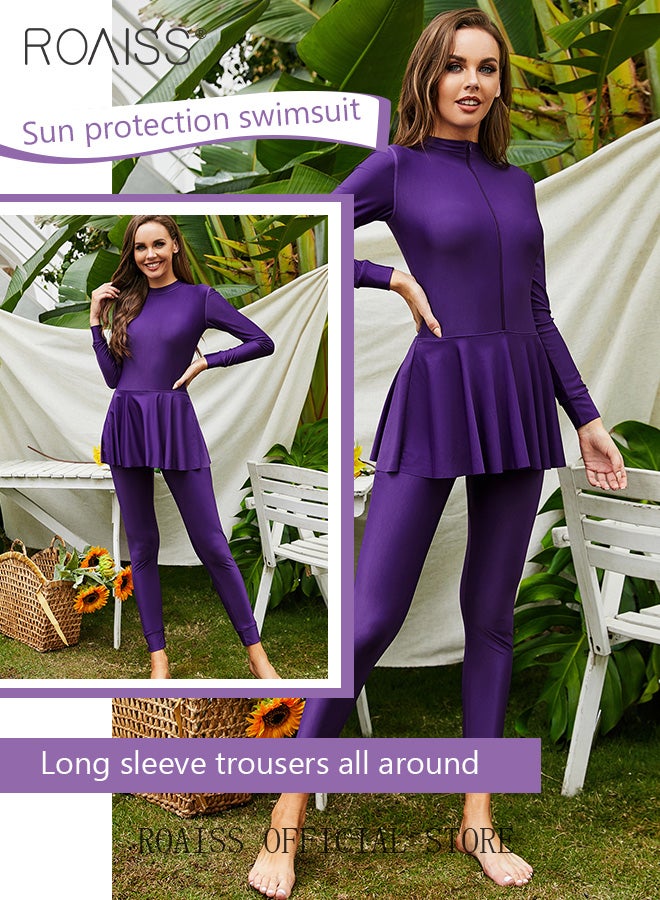 roaiss 3 Piece Women Conservative Colorblock Swimsuit Set Muslim Sun Protection Swimwear Swimming Trousers Cap Ladies Loose Beachwear Dress Arab Clothing - Image 3