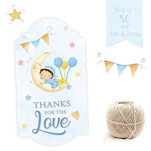 Chic a Choc Baby Shower/Birth Ceremony Gift Tags. Thank You For The Love. 50 Gift Tags in Pastel Watercolour Print. With Jute String for attaching to Gifts and Cake Boxes. It’s a Boy. - Image 1