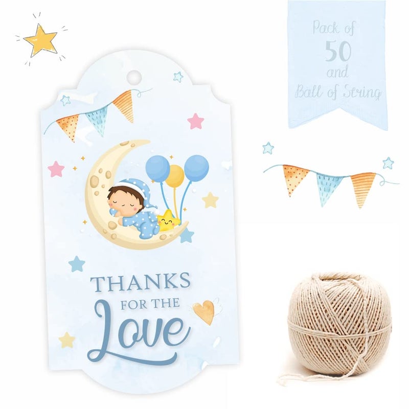 Chic a Choc Baby Shower/Birth Ceremony Gift Tags. Thank You For The Love. 50 Gift Tags in Pastel Watercolour Print. With Jute String for attaching to Gifts and Cake Boxes. It’s a Boy. - Image 5