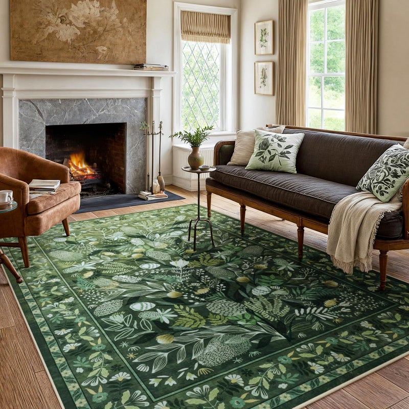 Anidaroel Green Large Area Rugs 8x10, Botanical Floral Washable Rug for Living Room, Soft Rugs for Bedroom Non-Slip Ultra-Thin Modern Rug Dining Room Mat Throw Carpet for Dorm Apartment - Image 2