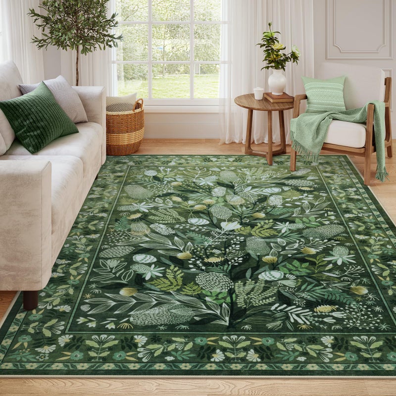 Anidaroel Green Large Area Rugs 8x10, Botanical Floral Washable Rug for Living Room, Soft Rugs for Bedroom Non-Slip Ultra-Thin Modern Rug Dining Room Mat Throw Carpet for Dorm Apartment - Image 1