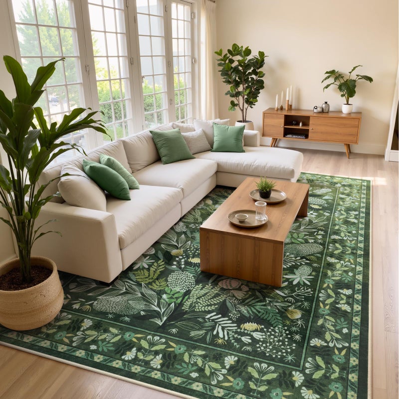 Anidaroel Green Large Area Rugs 8x10, Botanical Floral Washable Rug for Living Room, Soft Rugs for Bedroom Non-Slip Ultra-Thin Modern Rug Dining Room Mat Throw Carpet for Dorm Apartment - Image 4