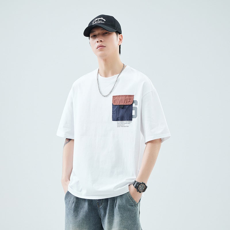 Anyang Pure Cotton Heavy-Weight Short-Sleeved T-Shirt Men'S Summer Contrast Color Pocket Round Neck Loose Top T-Shirt - Image 3