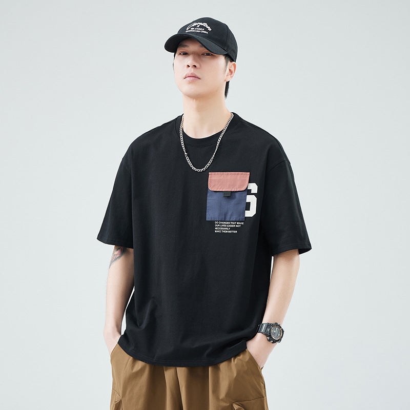 Anyang Pure Cotton Heavy-Weight Short-Sleeved T-Shirt Men'S Summer Contrast Color Pocket Round Neck Loose Top T-Shirt - Image 2