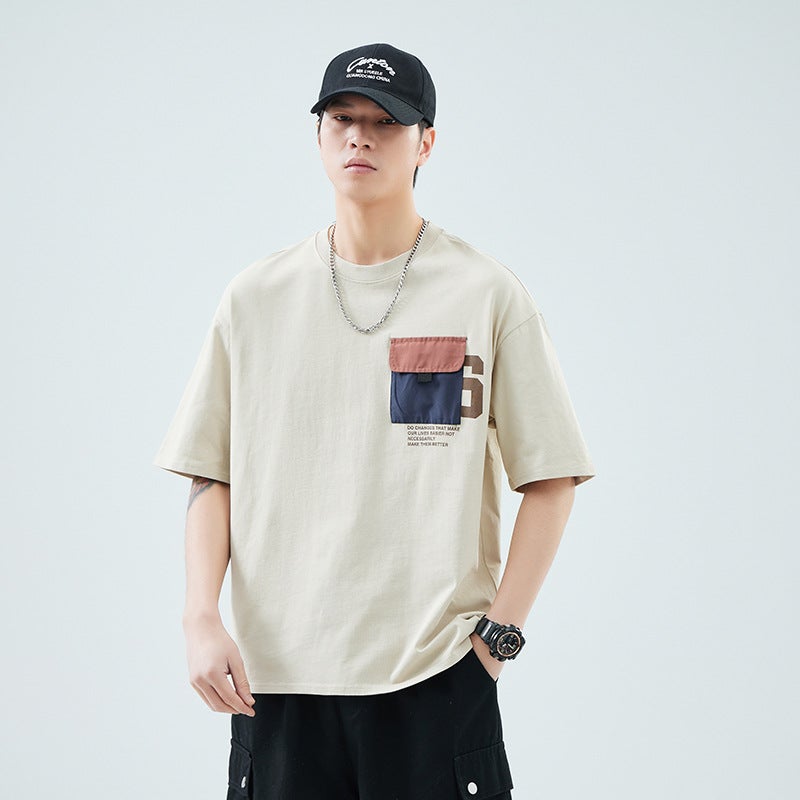 Anyang Pure Cotton Heavy-Weight Short-Sleeved T-Shirt Men'S Summer Contrast Color Pocket Round Neck Loose Top T-Shirt - Image 4