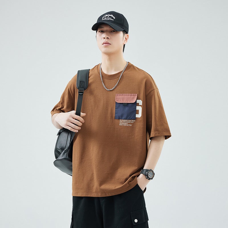 Anyang Pure Cotton Heavy-Weight Short-Sleeved T-Shirt Men'S Summer Contrast Color Pocket Round Neck Loose Top T-Shirt - Image 1