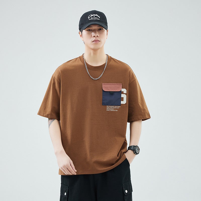 Anyang Pure Cotton Heavy-Weight Short-Sleeved T-Shirt Men'S Summer Contrast Color Pocket Round Neck Loose Top T-Shirt - Image 5