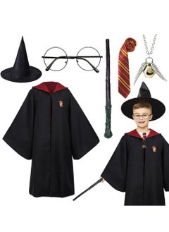 VUCATIN 6PCS Kids Wizard Robes Cosplay Party Costume Magic Adults Wizard Cloak Wizarding Unisex Dress Up Magic Robe Cape Costume Hat Glasses Frame Tie Light Wand Necklace Costume for Boys Girls Gifts  - Image 1