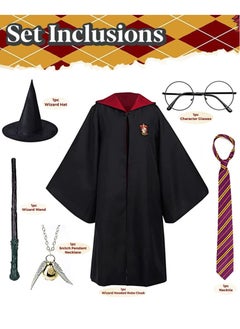 VUCATIN 6PCS Kids Wizard Robes Cosplay Party Costume Magic Adults Wizard Cloak Wizarding Unisex Dress Up Magic Robe Cape Costume Hat Glasses Frame Tie Light Wand Necklace Costume for Boys Girls Gifts  - Image 3