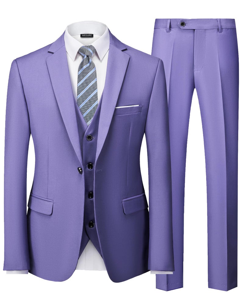 MrSure Men's 3 Piece Suit Blazer, Slim Fit Tux with One Button, Jacket Vest Pants & Tie Set for Party, Wedding and Business Purple - Image 1