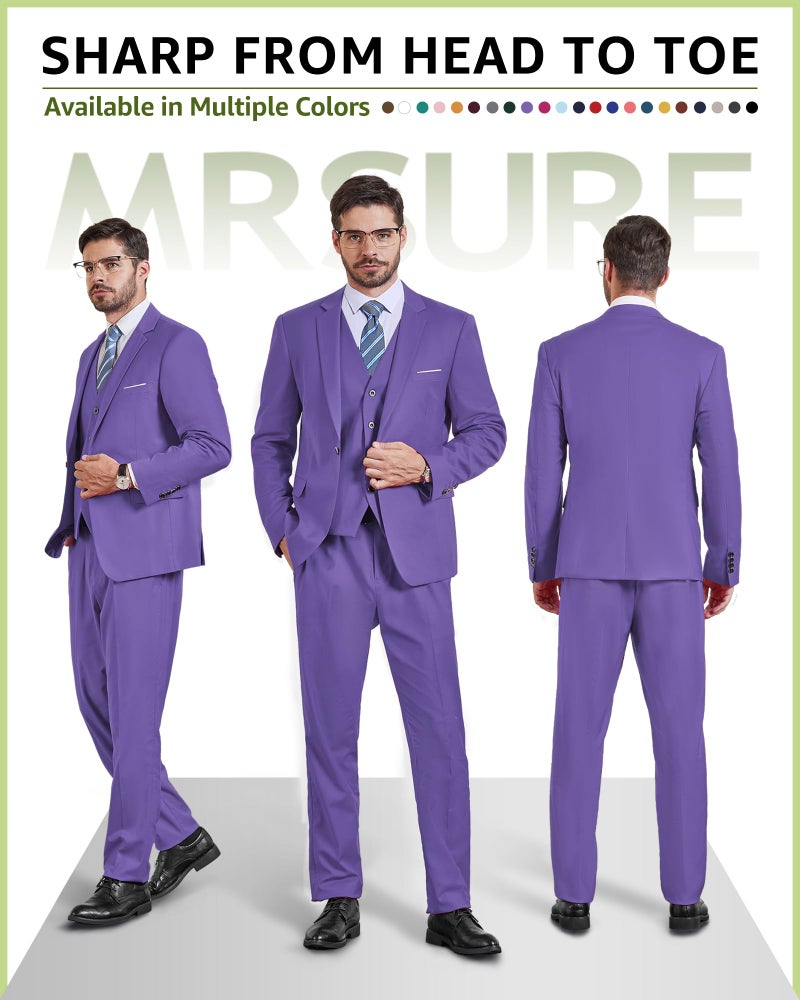 MrSure Men's 3 Piece Suit Blazer, Slim Fit Tux with One Button, Jacket Vest Pants & Tie Set for Party, Wedding and Business Purple - Image 2