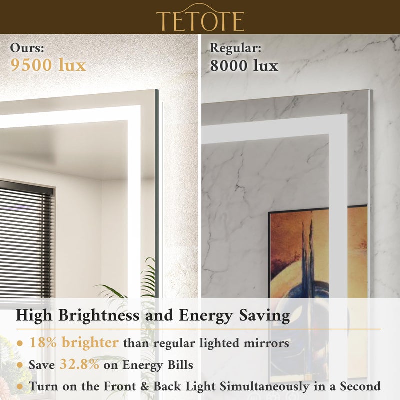 TETOTE LED Bathroom Mirror 24 x 30 Inch Lighted Bathroom Vanity Mirror with Lights, Brighter Frontlit and Backlit Light up Anti Fog Mirror, 3-Color Dimmable, Shatterproof Tempered Glass, Waterproof - Image 2