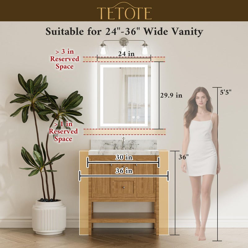TETOTE LED Bathroom Mirror 24 x 30 Inch Lighted Bathroom Vanity Mirror with Lights, Brighter Frontlit and Backlit Light up Anti Fog Mirror, 3-Color Dimmable, Shatterproof Tempered Glass, Waterproof - Image 5