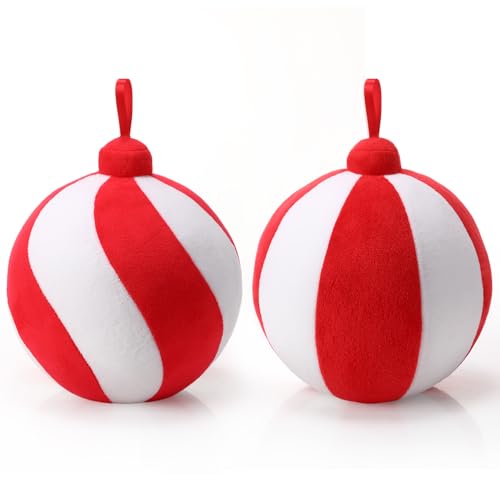 Lineshading 2 Pcs Christmas Pillows 7 Inch Round Christmas Ornament Shaped Throw Pillow Cute 3D Ball Xmas Throw Cushion Decoration for Bed Couch Sofa Chair Living RoomRed and White - Image 3