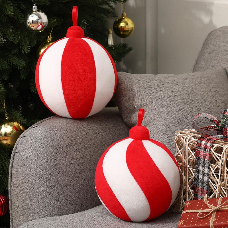 Lineshading 2 Pcs Christmas Pillows 7 Inch Round Christmas Ornament Shaped Throw Pillow Cute 3D Ball Xmas Throw Cushion Decoration for Bed Couch Sofa Chair Living RoomRed and White - Image 2