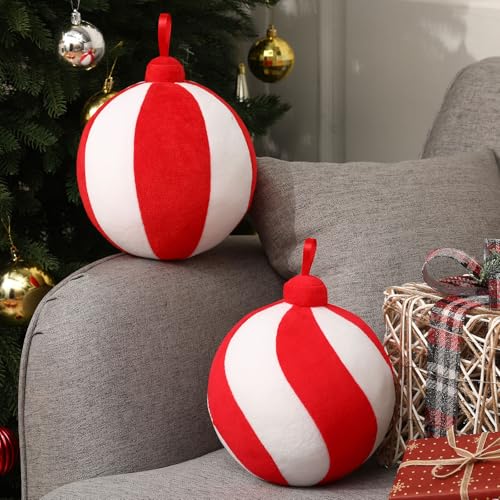 Lineshading 2 Pcs Christmas Pillows 7 Inch Round Christmas Ornament Shaped Throw Pillow Cute 3D Ball Xmas Throw Cushion Decoration for Bed Couch Sofa Chair Living RoomRed and White - Image 1