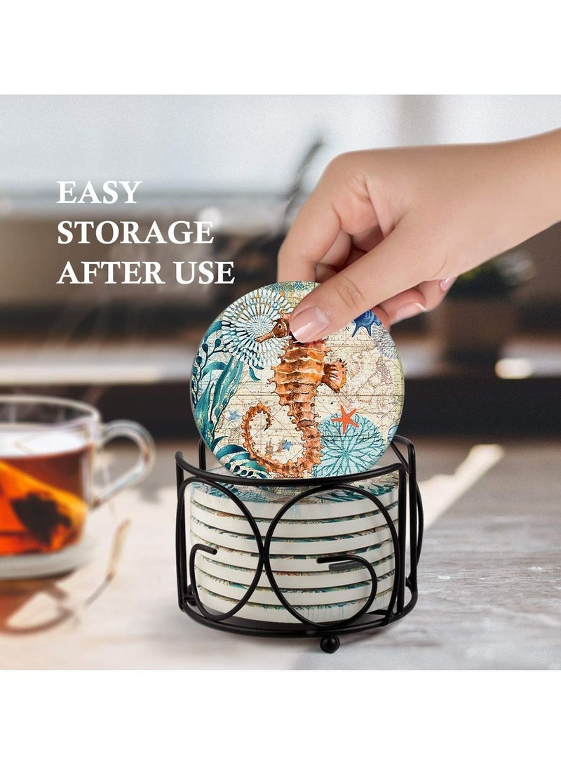 كابتن تيك Absorbent Cork Coaster Marine Style,cork Base with Holder,oastal Decor Beach Theme Tropical for Housewarming Apartment Kitchen Bar Decor, for Wooden Table Coffee Table,set of 8 - Image 3