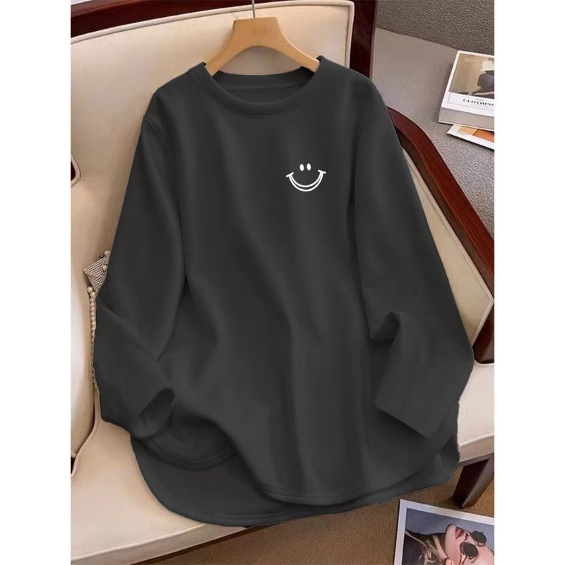 Velvet Mid-length Curved Long-sleeved T-shirt Womens Spring Autumn and Winter Inner Base Shirt Scrub Thickened Loose Slimming Top Gray [double-line smiley-white]]