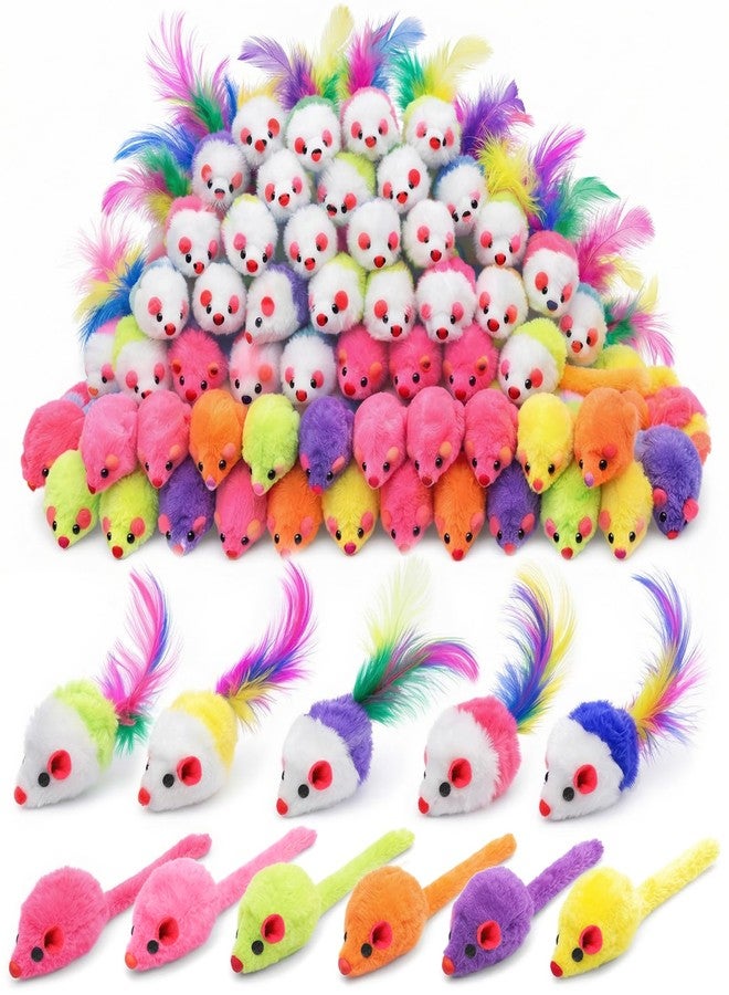 Exclaith 120 Pcs Fur Mice Cat Toys Furry Rattle Mouse Kitten Toy Assorted Interactive Cat Toys with Feather Tails for Indoor Cats Interactive Play Color Varies - Image 1