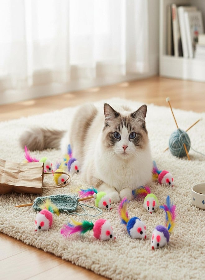 Exclaith 120 Pcs Fur Mice Cat Toys Furry Rattle Mouse Kitten Toy Assorted Interactive Cat Toys with Feather Tails for Indoor Cats Interactive Play Color Varies - Image 5