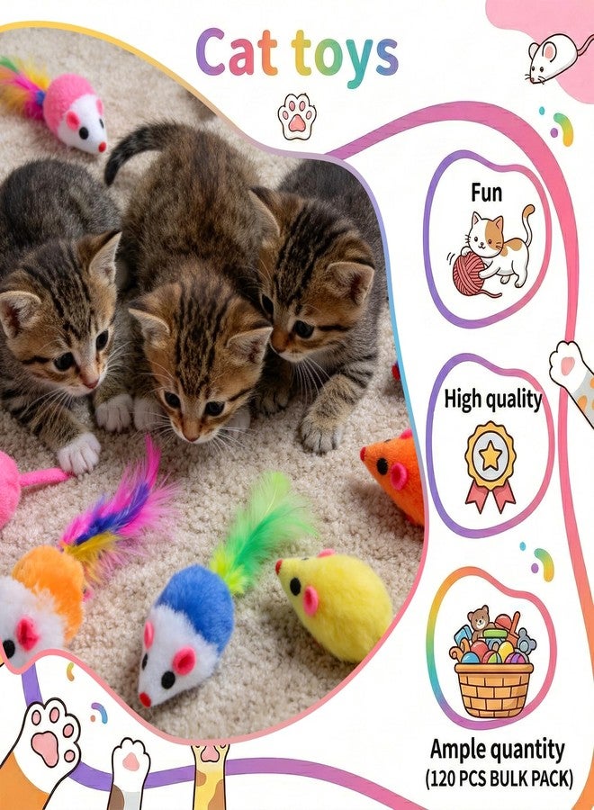 Exclaith 120 Pcs Fur Mice Cat Toys Furry Rattle Mouse Kitten Toy Assorted Interactive Cat Toys with Feather Tails for Indoor Cats Interactive Play Color Varies - Image 4