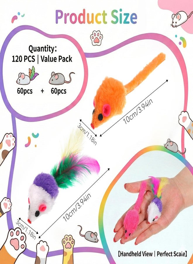 Exclaith 120 Pcs Fur Mice Cat Toys Furry Rattle Mouse Kitten Toy Assorted Interactive Cat Toys with Feather Tails for Indoor Cats Interactive Play Color Varies - Image 2
