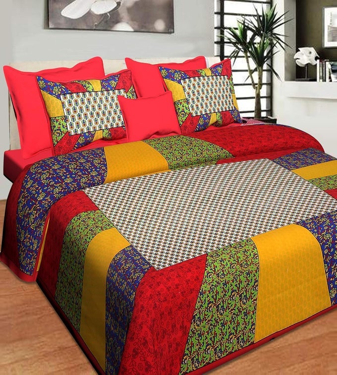 COTTON COMFORT FLORAL 180 TC RAJASTHANI JAIPURI TRADITIONAL DOUBLE BEDSHEET WITH 2 PILLOW COVERS RED KING SIZE