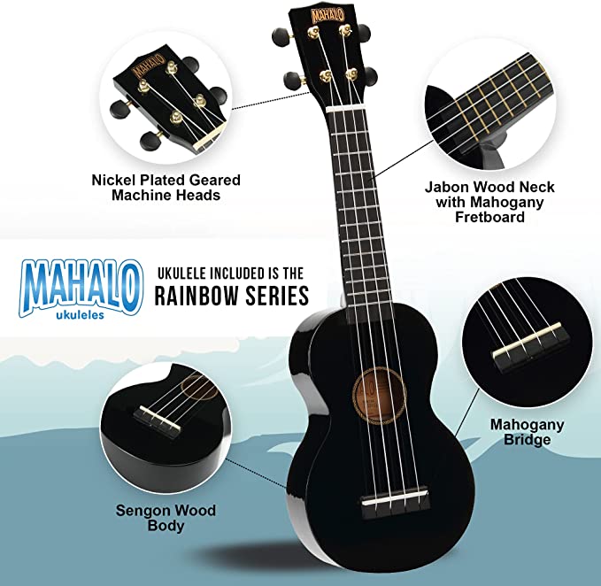 Mahalo MR1BKK Learn To Play Soprano Ukulele Pack M1 Rainbow "R" Series - Black - Image 2