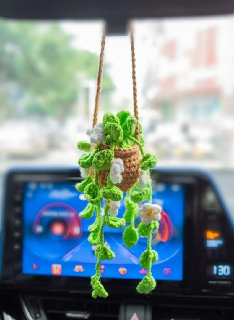 Car Mirror Hanging Accessories ， Car Rearview Mirror Decor，Cute Crochet Orchid Hanging Ornament for Women, Pendant Plant for Gift-Handmade Knitted - Image 1