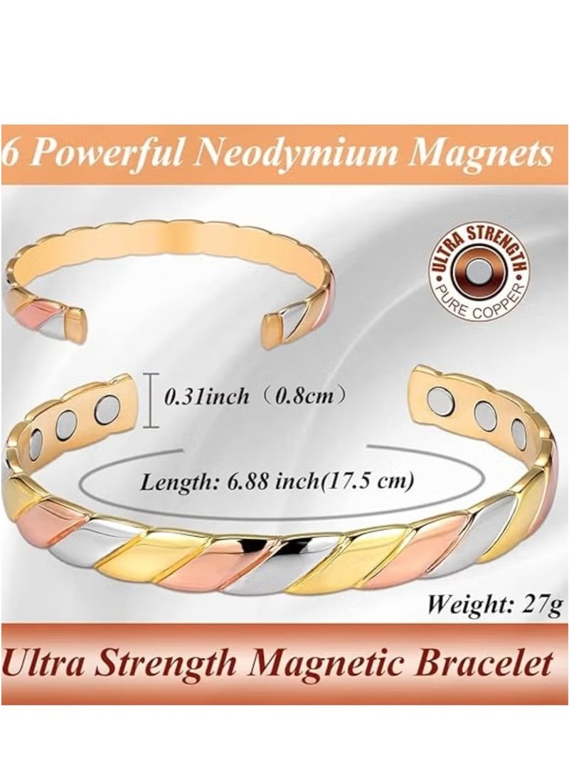 Generic 6X Copper Magnetic Bracelet for Women 99% Solid Pure Copper Ultra Strength Magnet Adjustable Brazaletes Cuff Bangle (Tricolor Pattern)  - Image 4