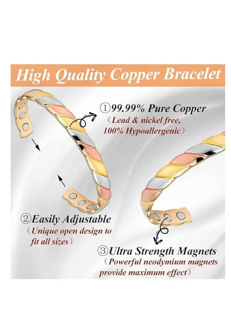 Generic 6X Copper Magnetic Bracelet for Women 99% Solid Pure Copper Ultra Strength Magnet Adjustable Brazaletes Cuff Bangle (Tricolor Pattern)  - Image 3