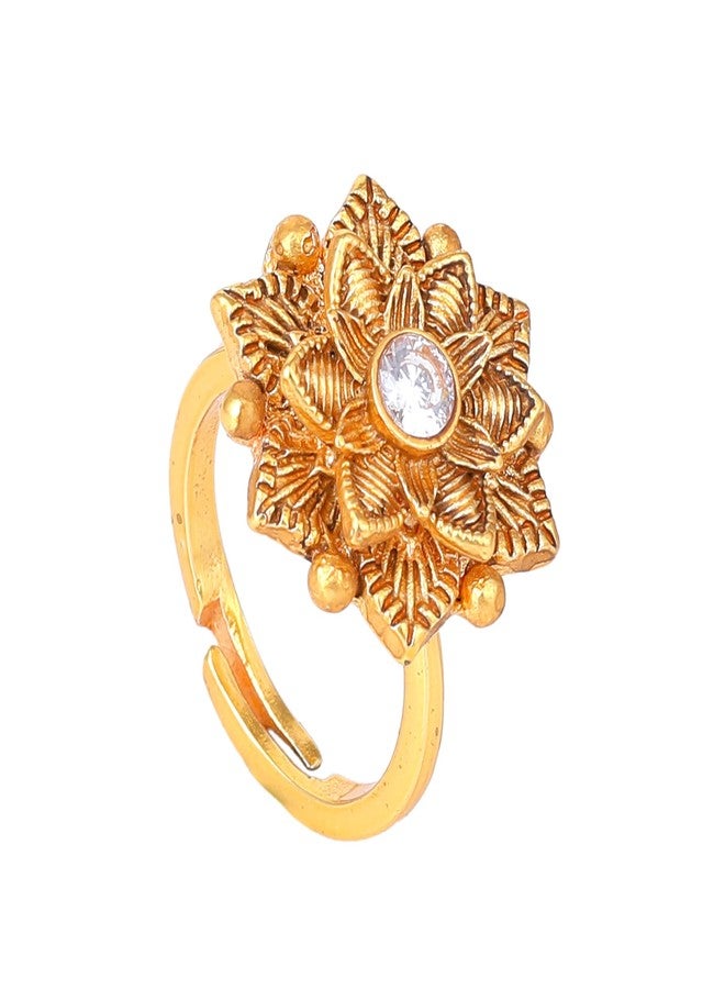 Estele Fashion Jewellery Finger Rings for Women Gold Plated Elegant Blosoom Designer White Crystal Enhanced Matte Finish Adjustable Finger Ring for Girls and Women-AD-151-IGWE RING - Image 1