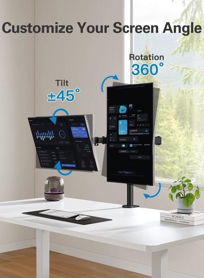 HUANUO Dual Monitor Desk Mount, Heavy-Duty Steel Adjustable Arm for 13-32 Inch Screens, Tilt, Swivel, Rotate, C-Clamp & Grommet Base, Holds up to 17.6 lbs per Arm, VESA 75/100mm - Image 4