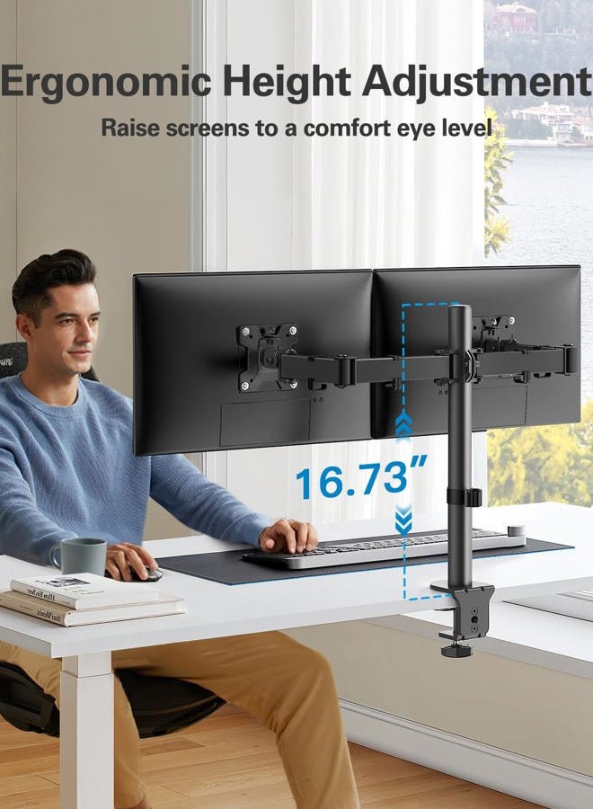 HUANUO Dual Monitor Desk Mount, Heavy-Duty Steel Adjustable Arm for 13-32 Inch Screens, Tilt, Swivel, Rotate, C-Clamp & Grommet Base, Holds up to 17.6 lbs per Arm, VESA 75/100mm - Image 3