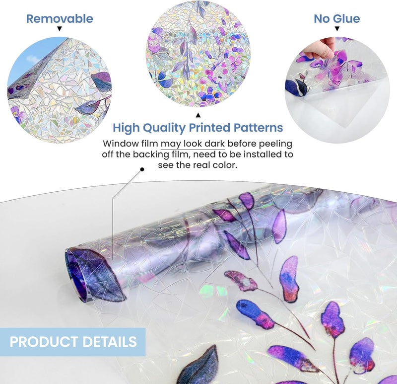 ADD.HERES Window Privacy Film Home Room Bathroom Spring Decor Car Decorations, Stained Glass Window Film, Static Cling Window Film，Rainbow Window Film (Wisteria Evening Breeze, 17.5" x 78.7") - Image 5