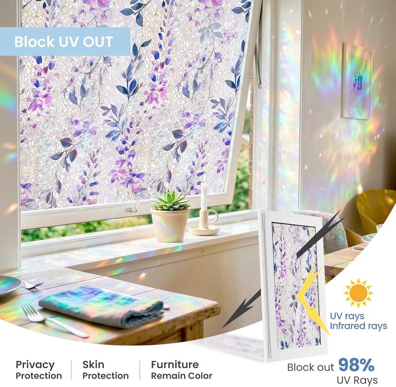 ADD.HERES Window Privacy Film Home Room Bathroom Spring Decor Car Decorations, Stained Glass Window Film, Static Cling Window Film，Rainbow Window Film (Wisteria Evening Breeze, 17.5" x 78.7") - Image 3