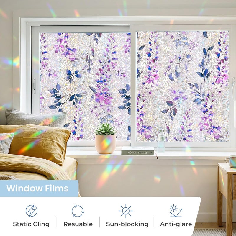 ADD.HERES Window Privacy Film Home Room Bathroom Spring Decor Car Decorations, Stained Glass Window Film, Static Cling Window Film，Rainbow Window Film (Wisteria Evening Breeze, 17.5" x 78.7") - Image 2