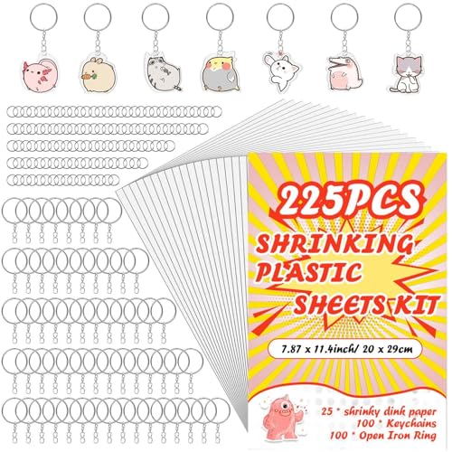 OFNMY 225PCS Shrinky Dink Sheets Keychains Kit,Shrink Plastic Sheets Kit with 25PCS Shrinky Dink Paper,100PCS Keychains and Open Iron Ring for Kids Creative Craft Marking, Handprint（7.87 x11.4inch/20x29cm） - Image 1