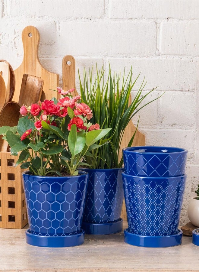 BUYMAX Ceramic Plant Pots -5 inch Indoor Flower Pot with Drainage Hole and Ceramic Tray - Gardening Home Desktop Office Windowsill Decoration Gift, Set of 4-Plants NOT Included(Blue) - Image 2