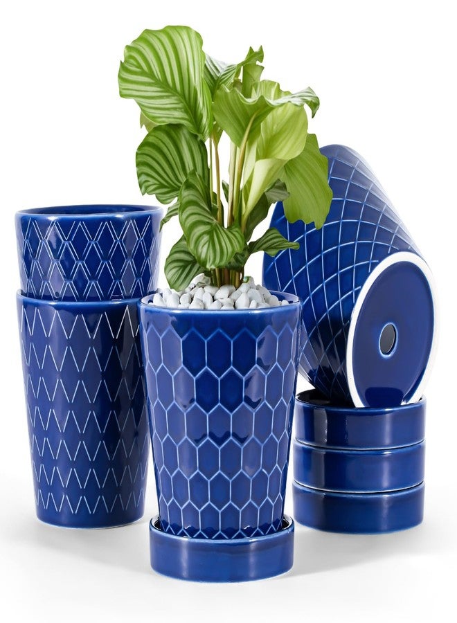 BUYMAX Ceramic Plant Pots -5 inch Indoor Flower Pot with Drainage Hole and Ceramic Tray - Gardening Home Desktop Office Windowsill Decoration Gift, Set of 4-Plants NOT Included(Blue) - Image 1