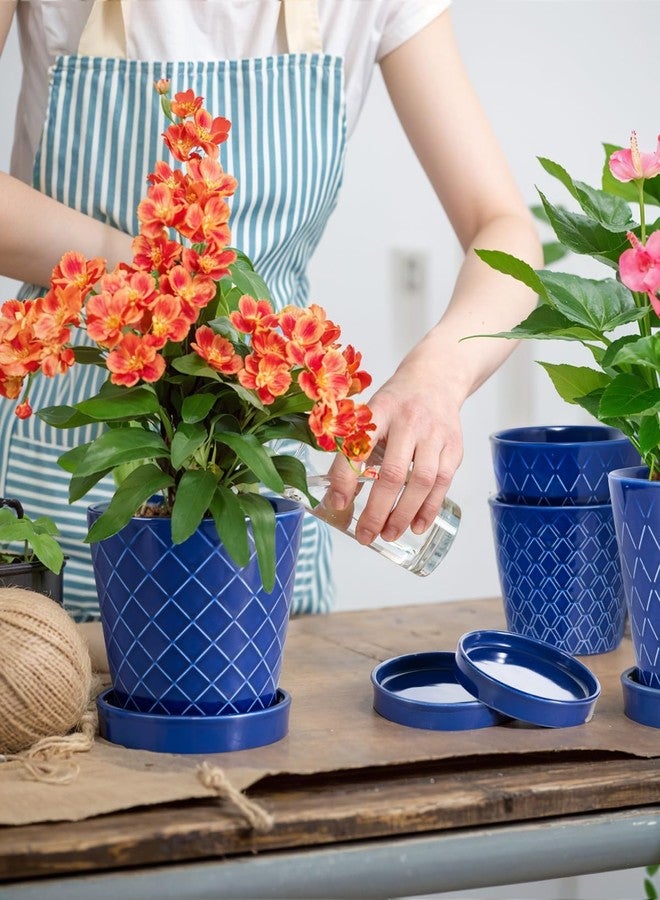 BUYMAX Ceramic Plant Pots -5 inch Indoor Flower Pot with Drainage Hole and Ceramic Tray - Gardening Home Desktop Office Windowsill Decoration Gift, Set of 4-Plants NOT Included(Blue) - Image 3