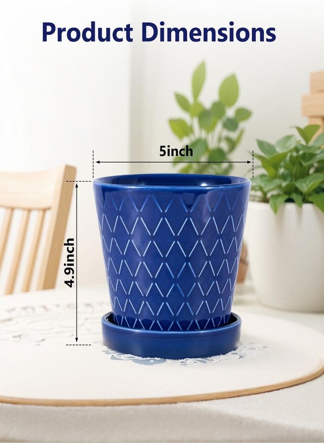BUYMAX Ceramic Plant Pots -5 inch Indoor Flower Pot with Drainage Hole and Ceramic Tray - Gardening Home Desktop Office Windowsill Decoration Gift, Set of 4-Plants NOT Included(Blue) - Image 4