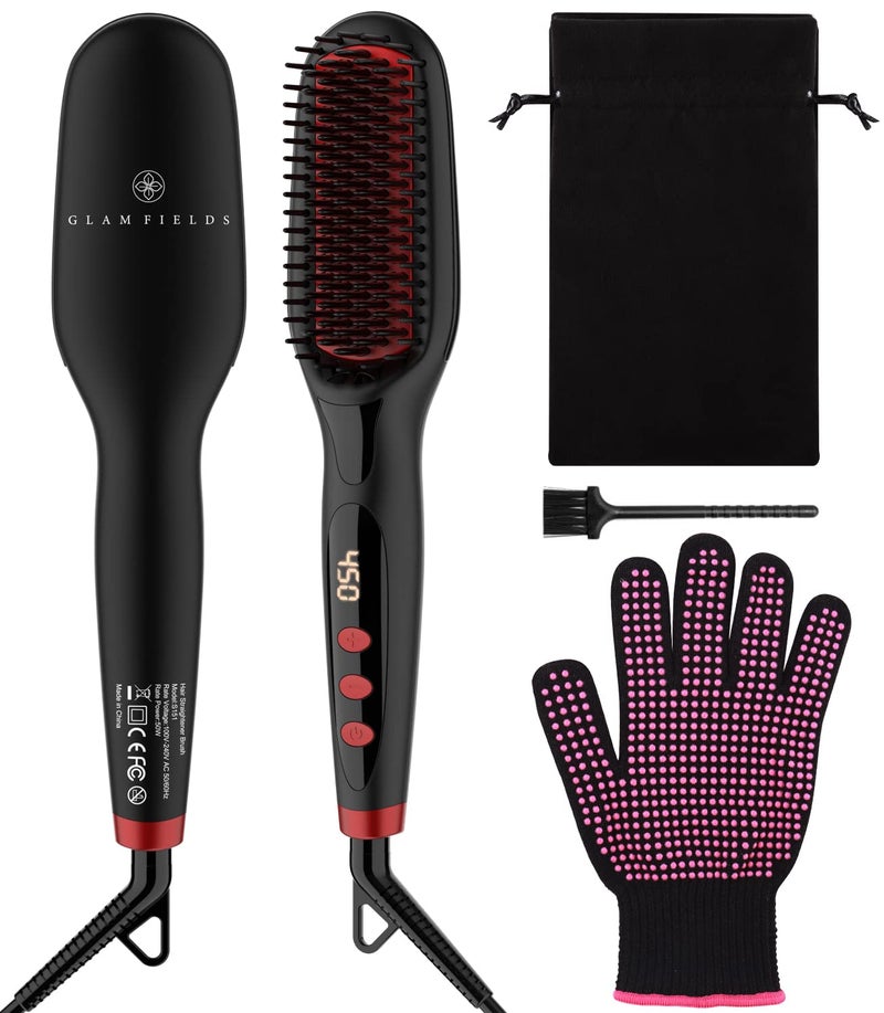 GLAMFIELDS Ionic Hair Straightener Brush Upgrade 2.0,GLAMFIELDS Electrical Heated Hair Straightening with Faster Heating, MCH Ceramic Technology, Auto Temperature Lock, Anti Scald, Heat Resistant Glove(Black-01) - Image 1