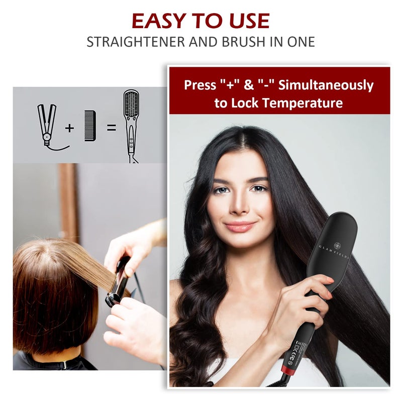 GLAMFIELDS Ionic Hair Straightener Brush Upgrade 2.0,GLAMFIELDS Electrical Heated Hair Straightening with Faster Heating, MCH Ceramic Technology, Auto Temperature Lock, Anti Scald, Heat Resistant Glove(Black-01) - Image 2