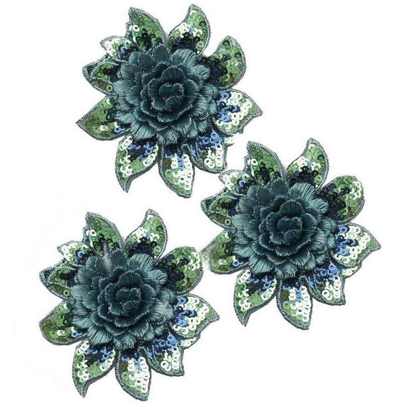 FEEPOP Applique Patch 3D Flower Gold Sequin Crystal Embroidered Lace Fabric Sew On Wedding Dress Cloth Accessory Blue 
