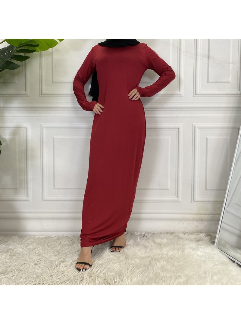 إسكدنيا Mock Neck Casual Abaya, Soft Breathable Long Sleeve Women Abaya Dress, Long Lasting Comfortable Normal Muslim Women Islamic Dress for Prayer, Daily Wear, Occasion Wear, ( Size XL, Maroon Red) - Image 1