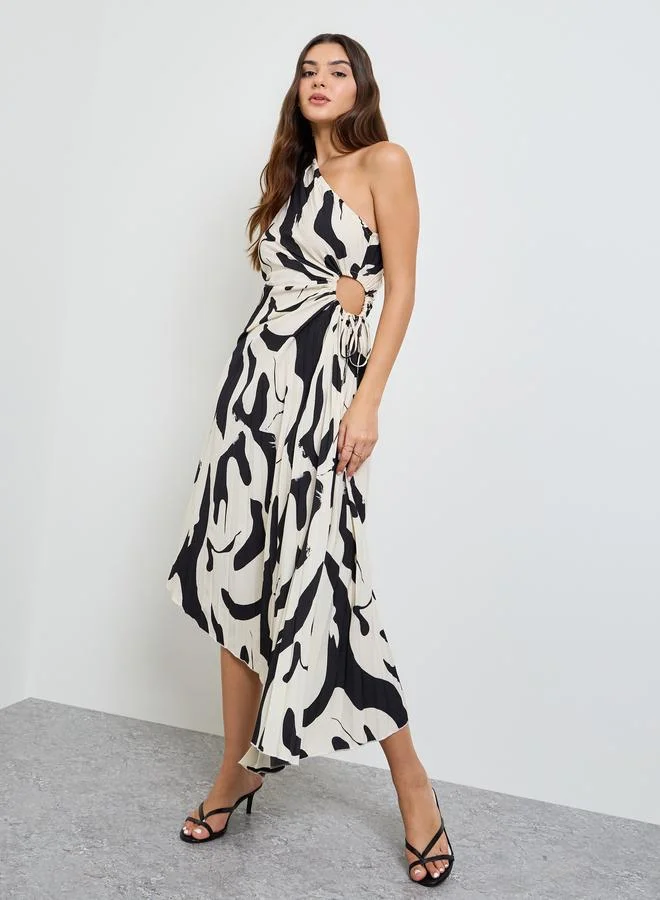 تايك تو Black One Sleeve Midi Dress with Ruched Detail